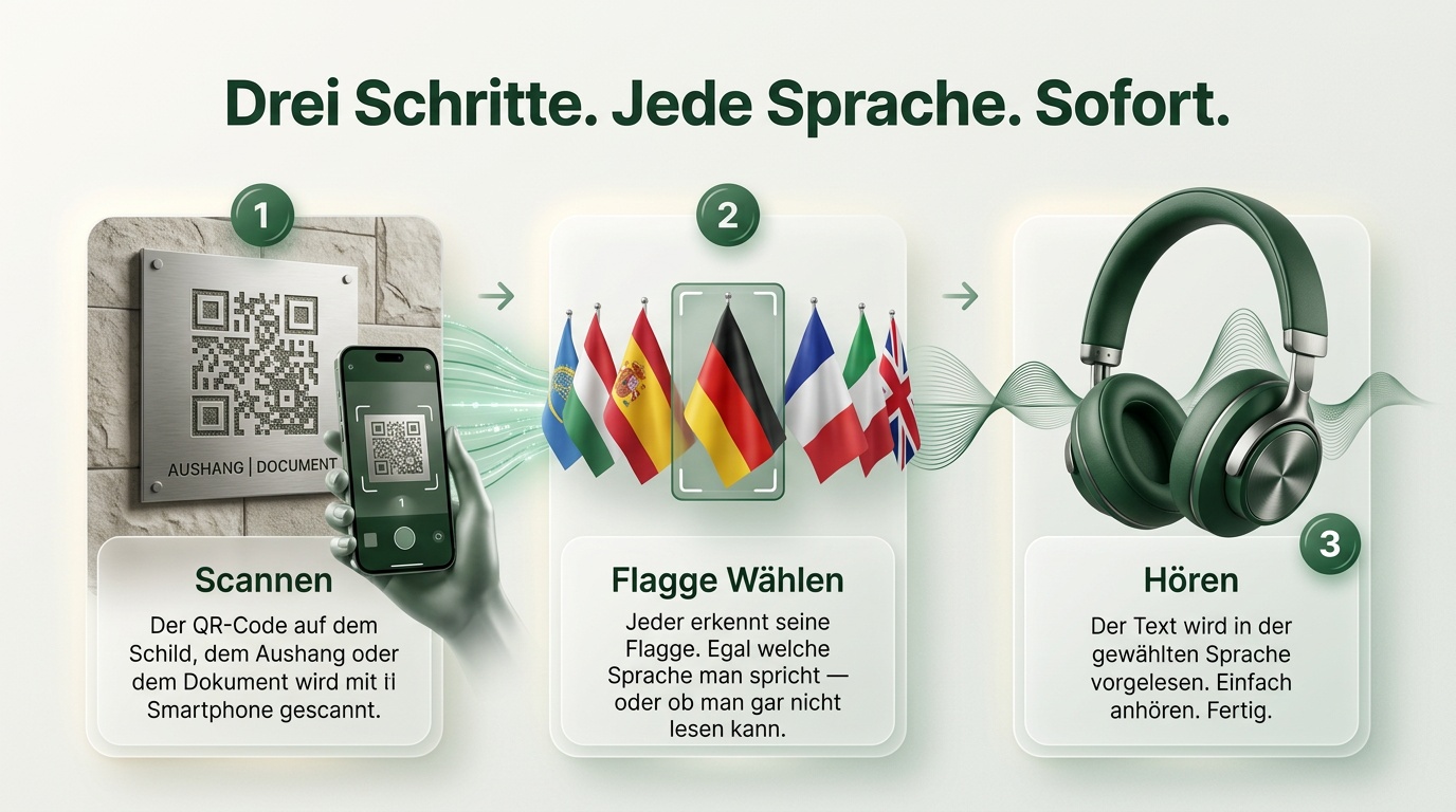 Drei Schritte: Scannen, Flagge wählen, Hören